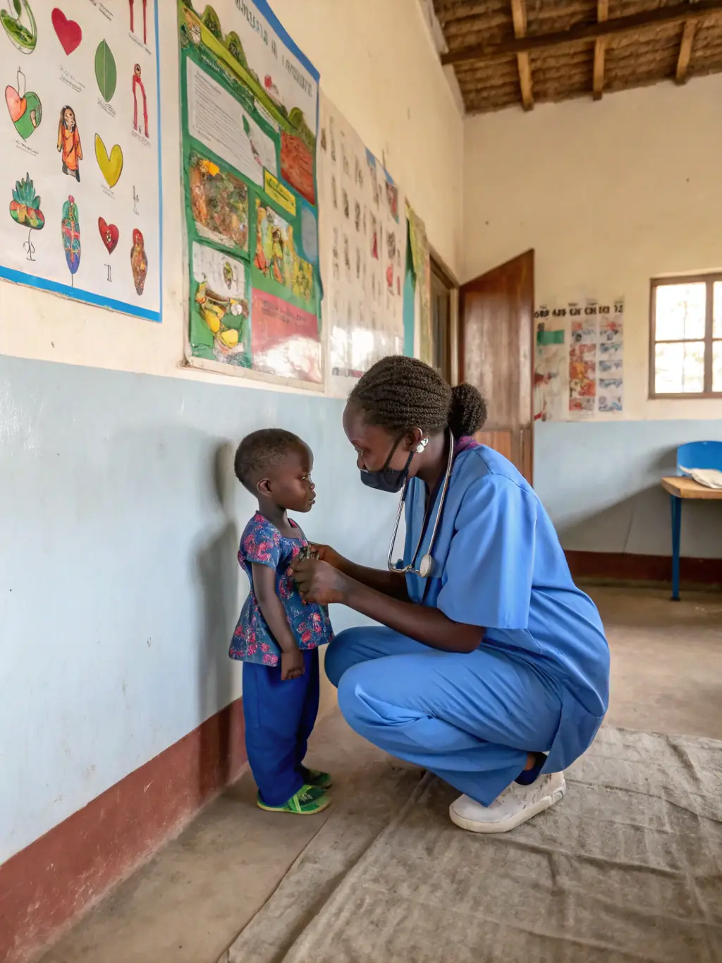 A healthcare worker conducting a health check-up in a rural clinic, illustrating Bring Back Hope's Healthcare Assistance programs.