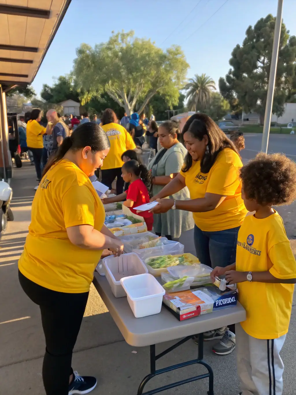 A vibrant photograph capturing volunteers serving hot meals at a food distribution event, showcasing the Food Security Program in action, with smiling faces of recipients in the background.