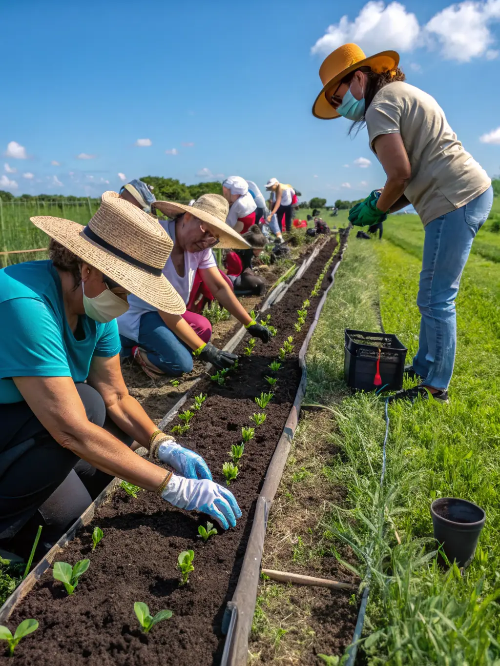 A photo of community members working together on a sustainable agriculture project, demonstrating Bring Back Hope's focus on long-term solutions.