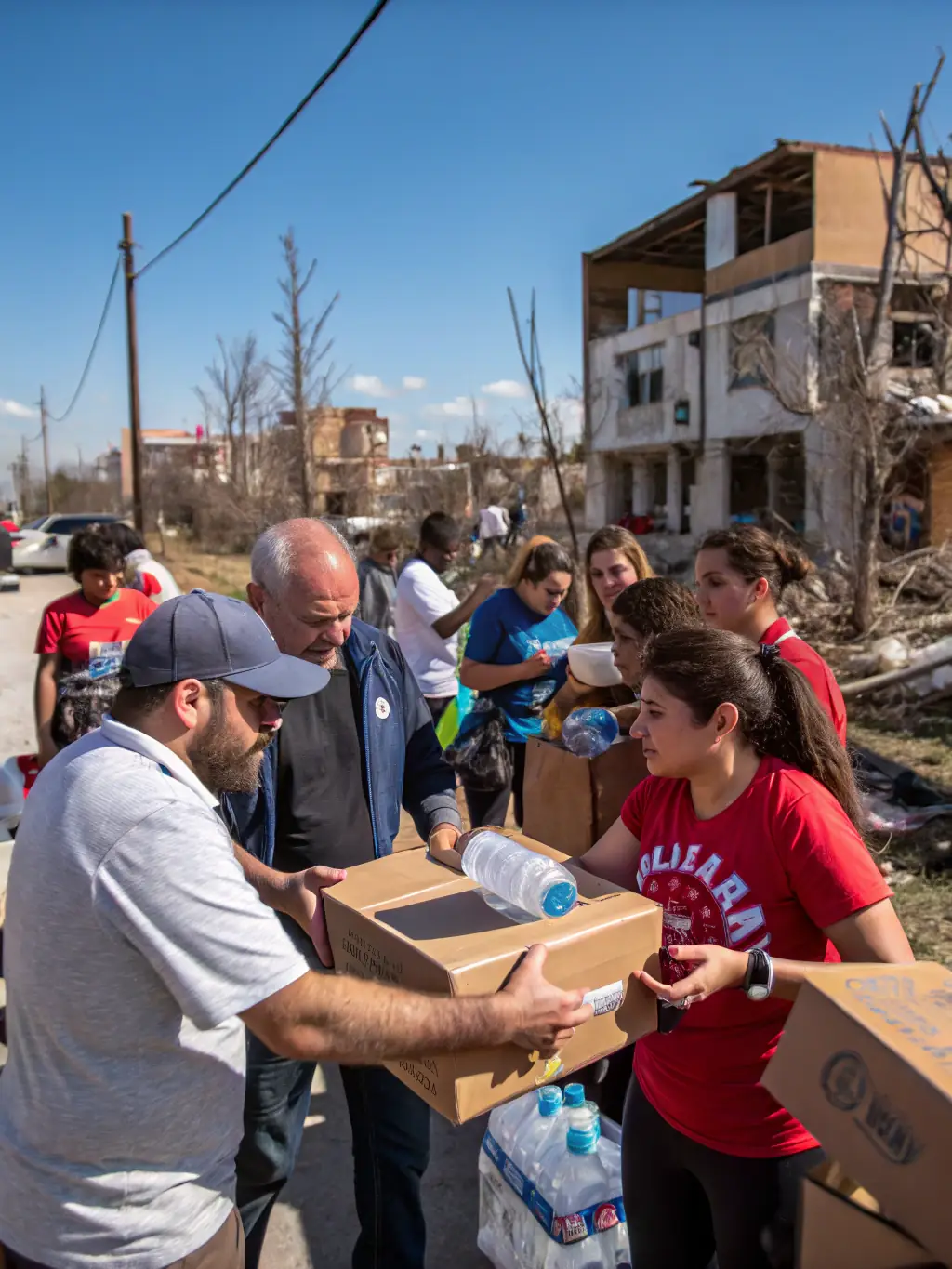 A powerful image of volunteers distributing emergency supplies and providing support to families affected by a natural disaster, illustrating the Emergency Relief program's rapid response and compassion.