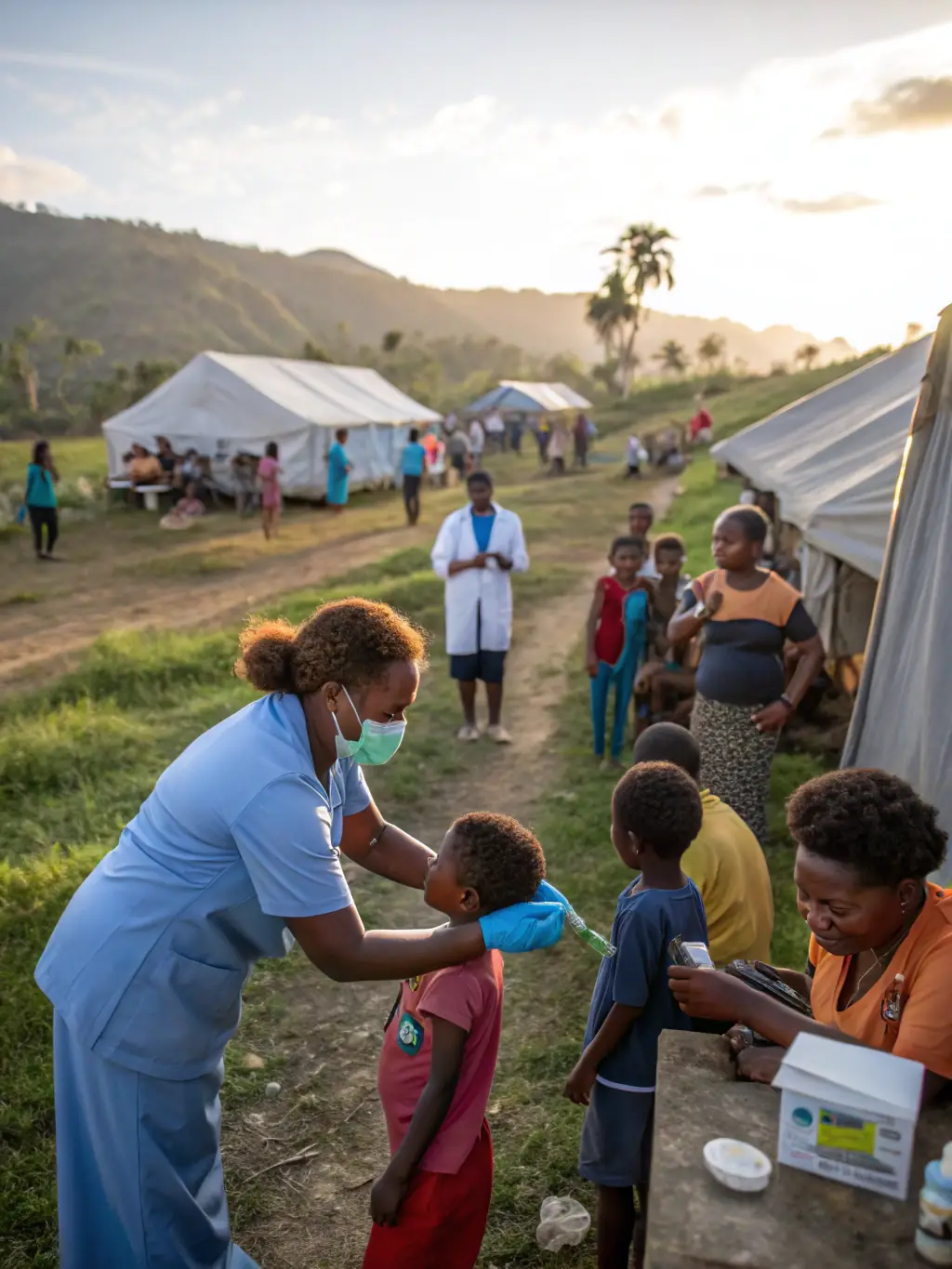 A compassionate scene of medical professionals providing check-ups and vaccinations during a healthcare outreach event, demonstrating the Healthcare Assistance program's commitment to community well-being.