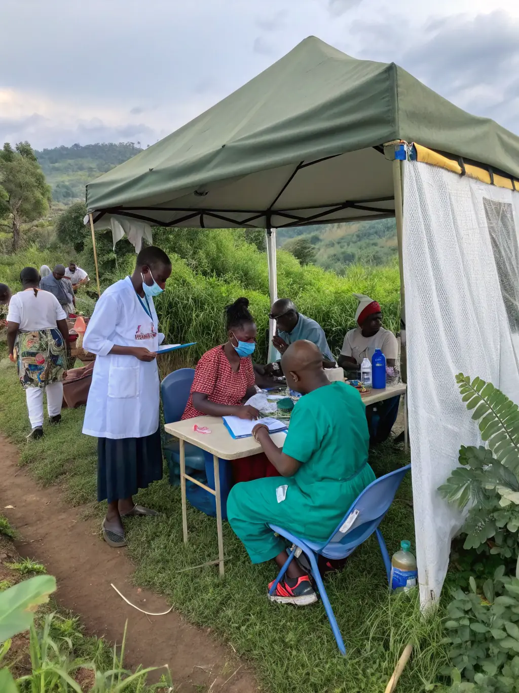 A heartwarming image of a medical team providing healthcare services to a rural community, showcasing Bring Back Hope's commitment to health.