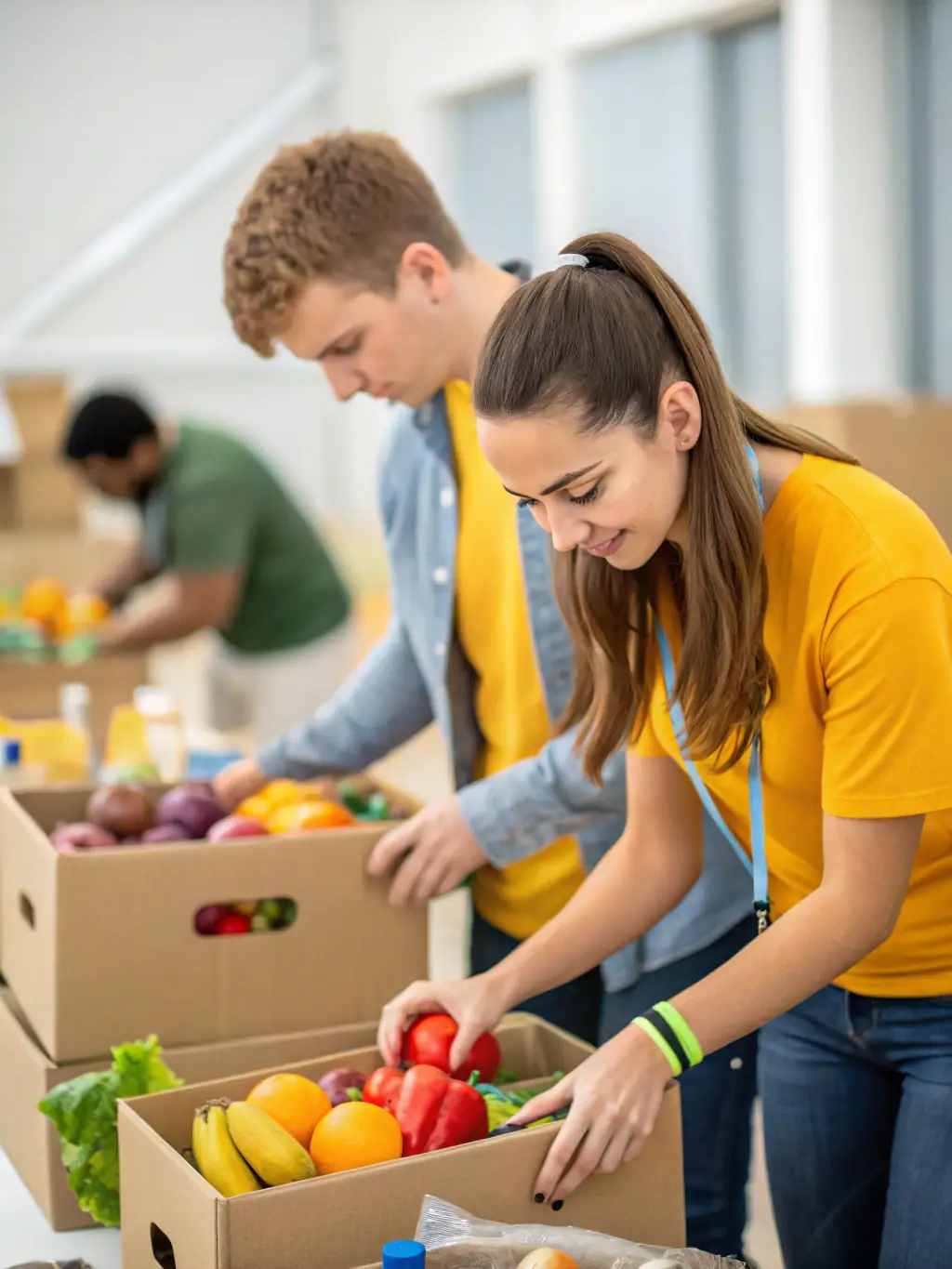 A group of volunteers working together at a Bring Back Hope Charity Organization event, sorting food donations and packing boxes.