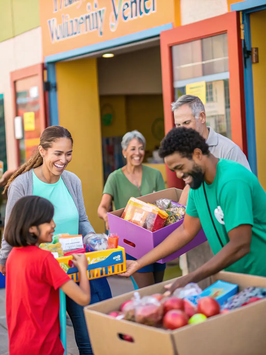 A vibrant image of volunteers distributing food packages to families in a community setting, emphasizing the immediate relief provided by Bring Back Hope's food assistance program.