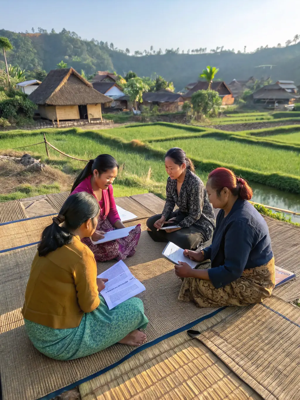 A group of women in a rural village participating in a microfinance workshop, learning about budgeting and business planning, with a local trainer guiding them.